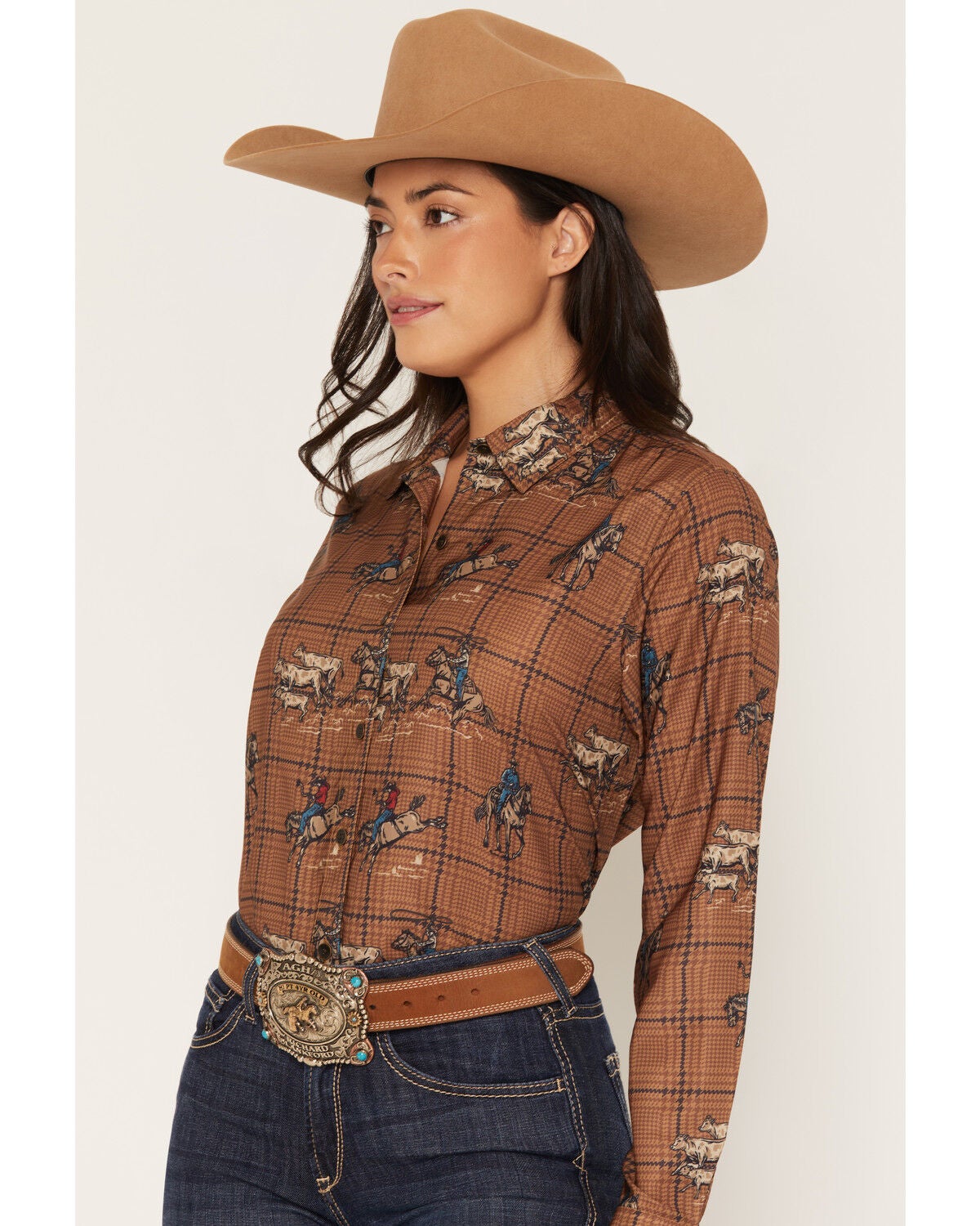 Image #2 - Ariat Women's Homestyle Rodeo Plaid Print Long Sleeve Button-Down Western Shirt, Brown, hi-res