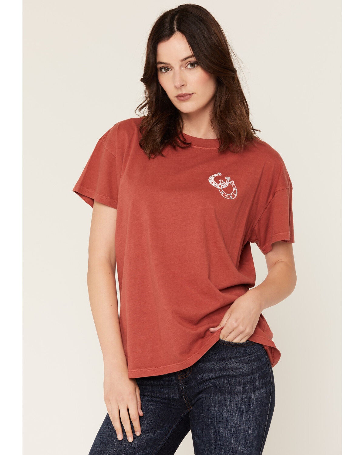 Girl Dangerous Women's Horseshoe Embroidered Short Sleeve Oversized Graphic Tee, Rust Copper, hi-res