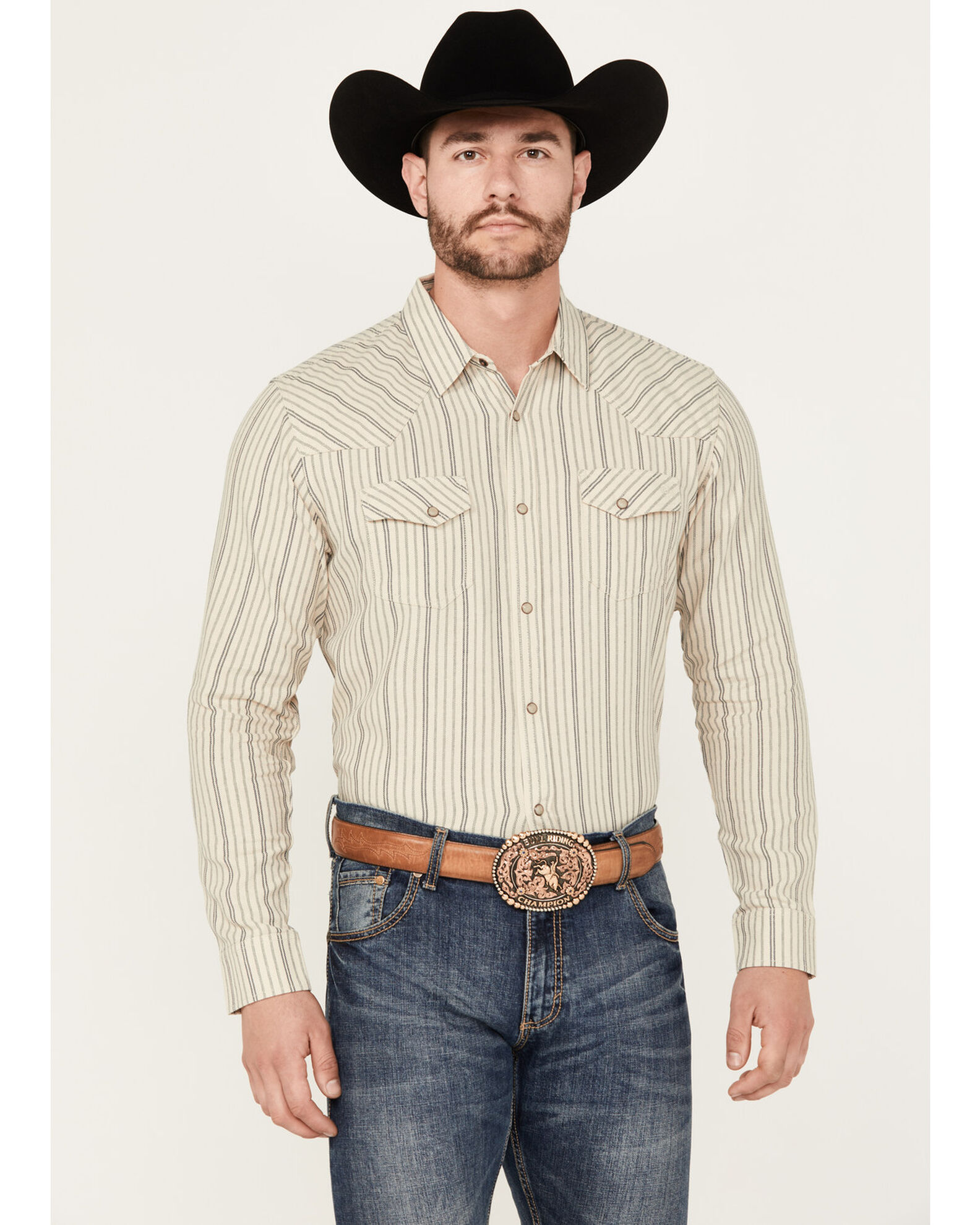 Blue Ranchwear Men's Goliad Striped Print Long Sleeve Snap Shirt