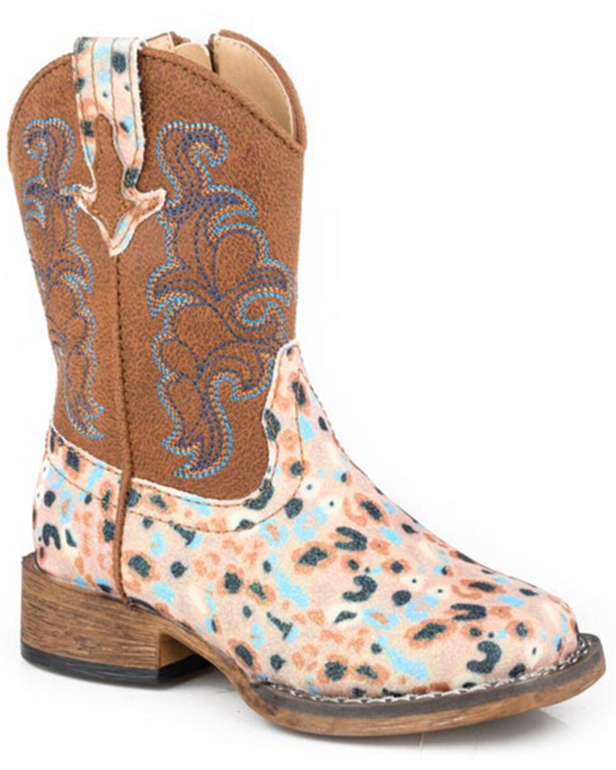 Roper Toddler Girls' Glitter Blossom Western Boots - Broad Square Toe, Brown, hi-res
