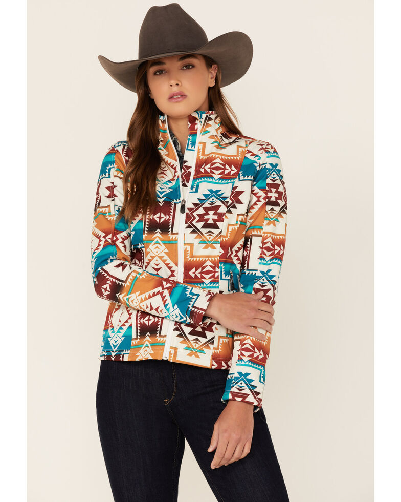 Shyanne Women's Gold Southwestern Print Zip-Front Softshell Riding Jacket , Multi, hi-res