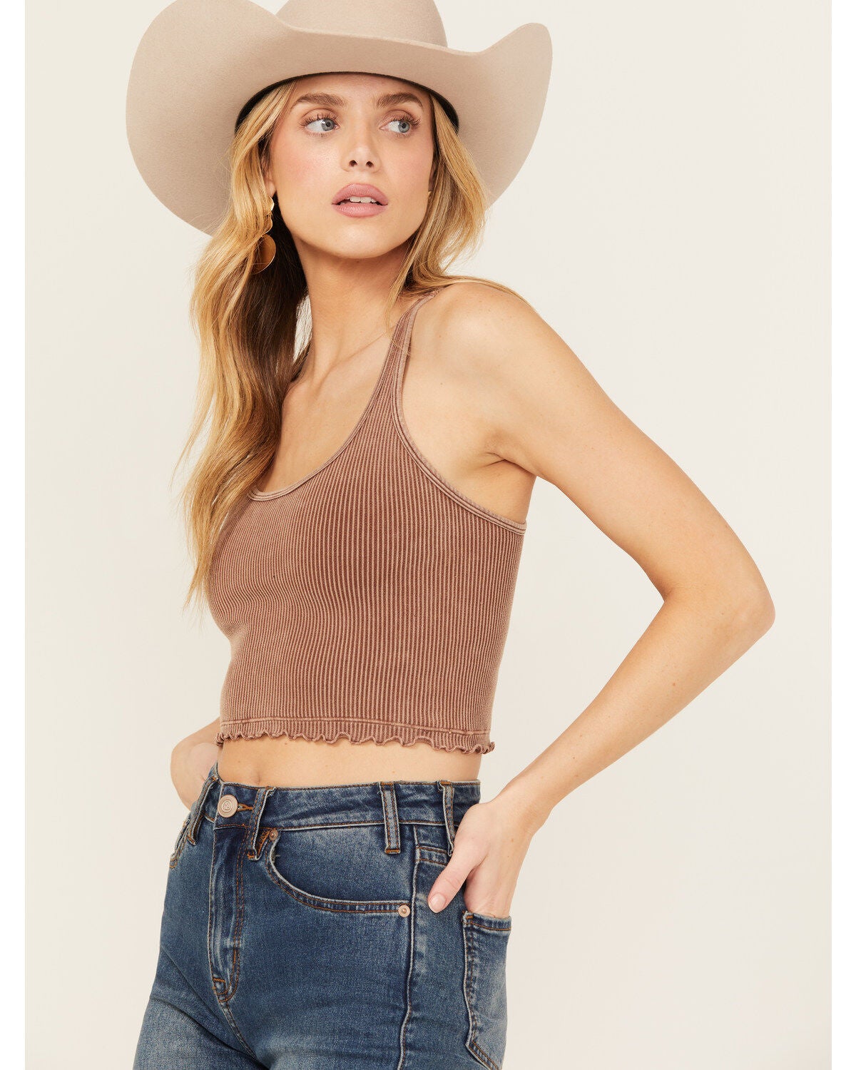 Fornia Women's Ribbed Lettuce Edge Brami, Brown, hi-res