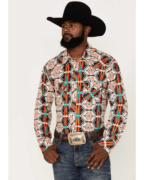 Rock & Roll Denim Men's Southwestern Print Stretch Long Sleeve Pearl Snap Shirt, Natural, hi-res