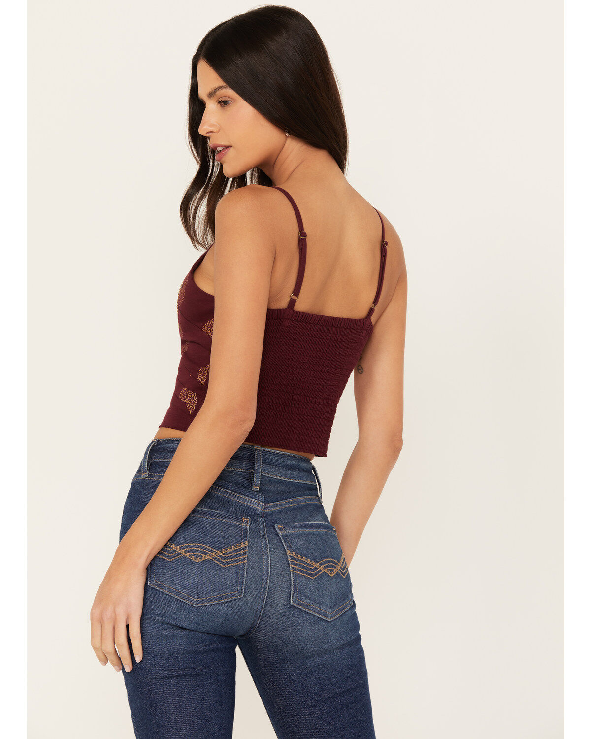 Image #4 - Idyllwind Women's Jessamine Embroidered Smocked Back Crop Top, Maroon, hi-res