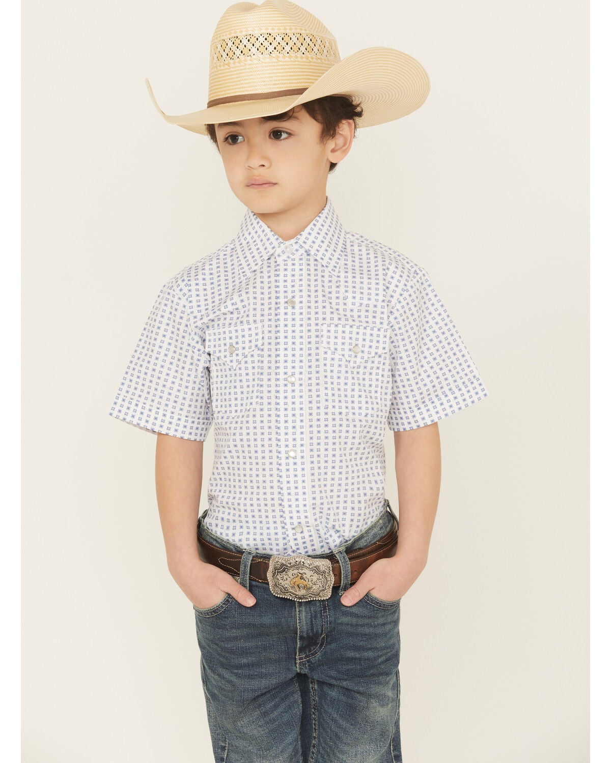 Ely Walker Boys' Geo Print Short Sleeve Snap Western Shirt, White, hi-res