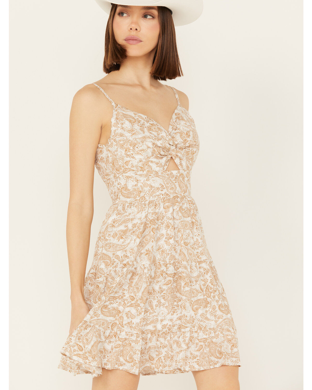 Image #2 - Wild Moss Women's Paisley Print Knot Front Mini Dress, Mustard, hi-res