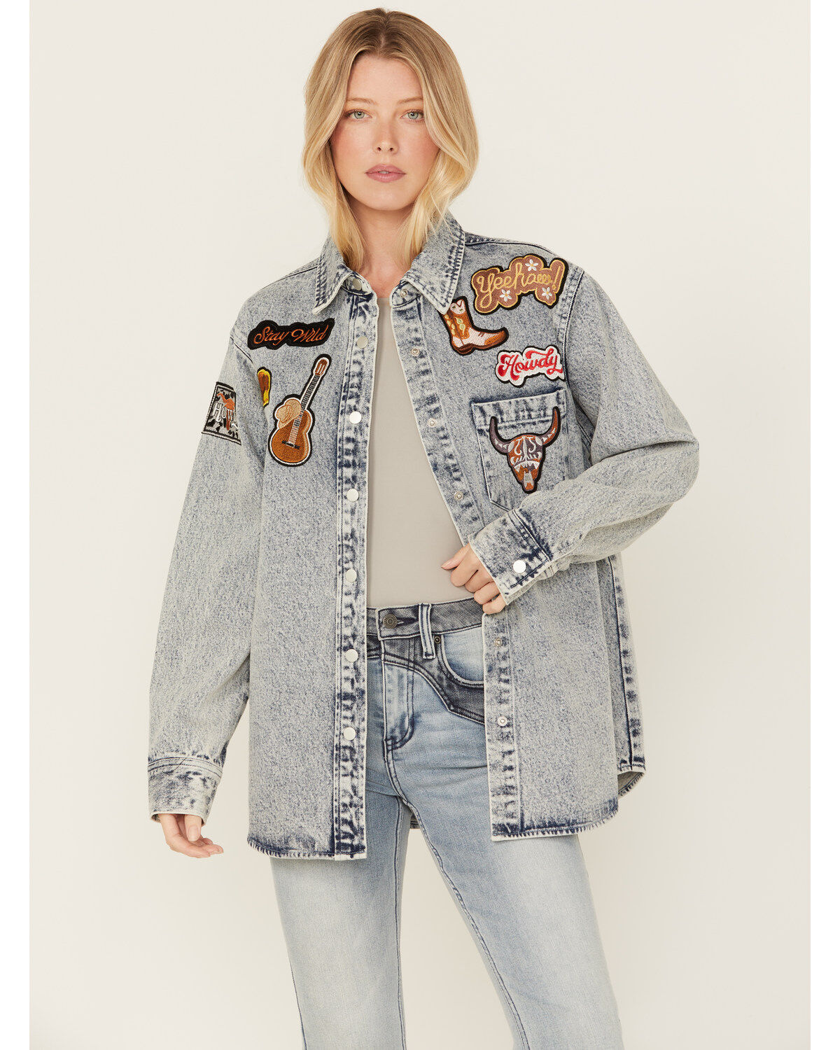 Blue B Women's Denim Patches Jacket, Blue, hi-res