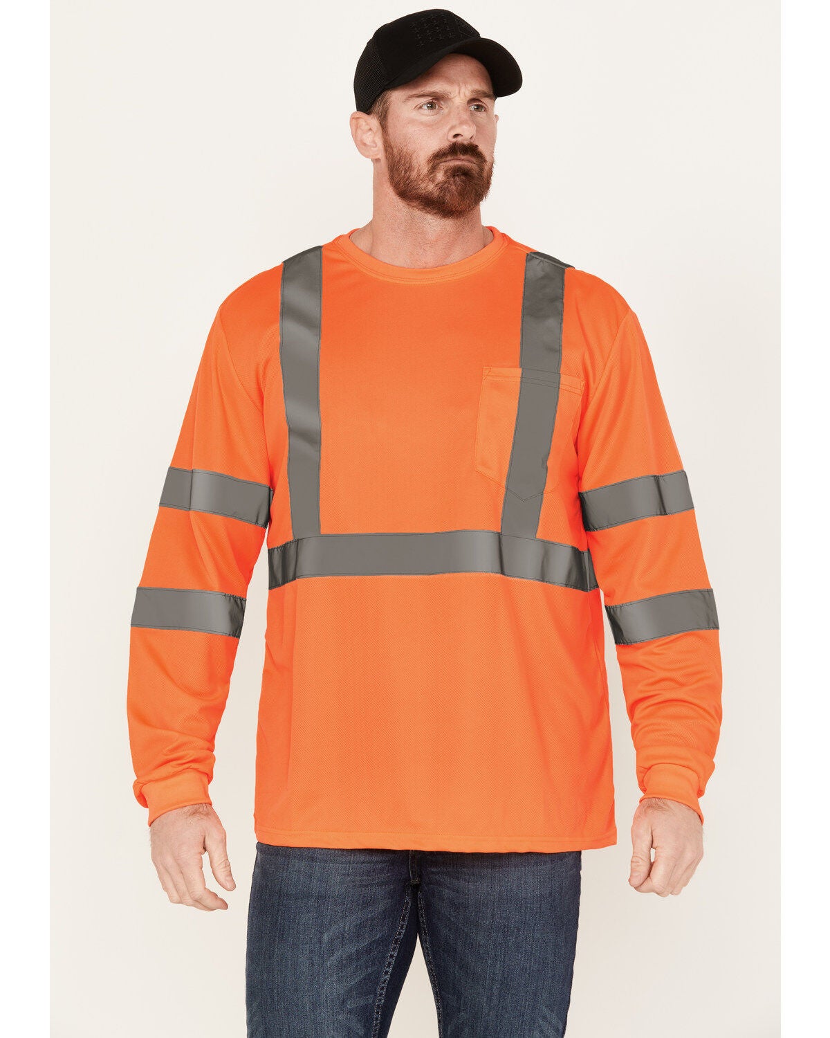 Hawx Men's Solid Enhanced Hi-Vis Long Sleeve Pocket Work T-Shirt, Orange, hi-res