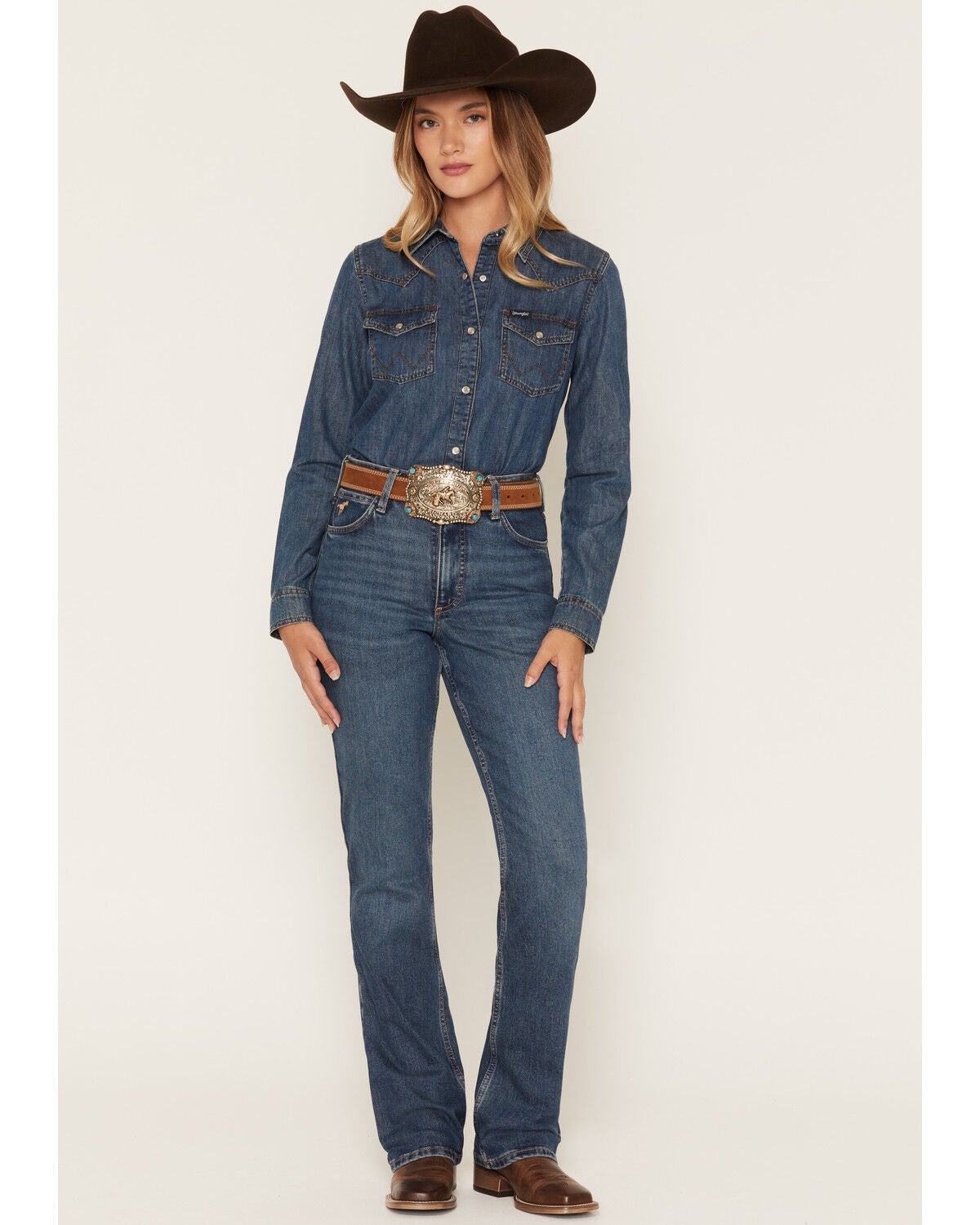 Image #1 - Wrangler Women's Emmy Dark Wash High Rise Rodeo Bootcut Stretch Denim Riding Jeans, Dark Wash, hi-res