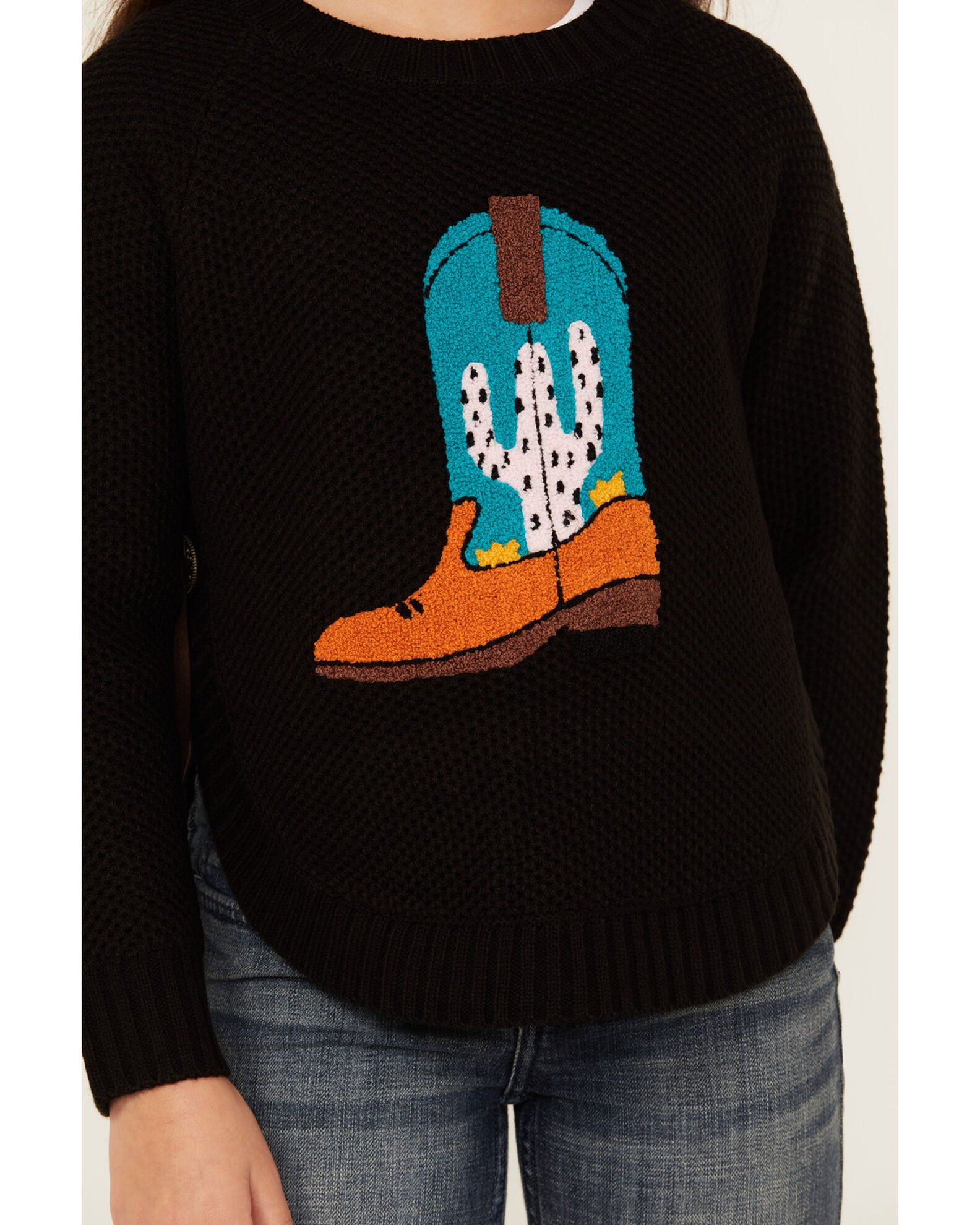 Cotton & Rye Girls' Boot Applique Round Bottom Sweater, Black