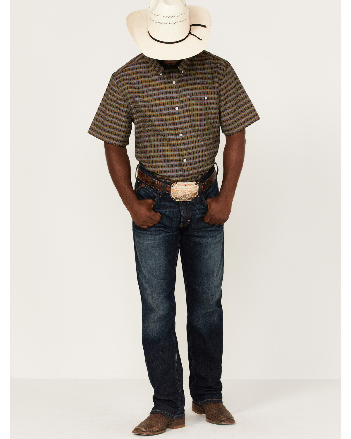 Image #2 - RANK 45® Men's Steer Small Plaid Print Short Sleeve Button-Down Western Shirt, Black, hi-res