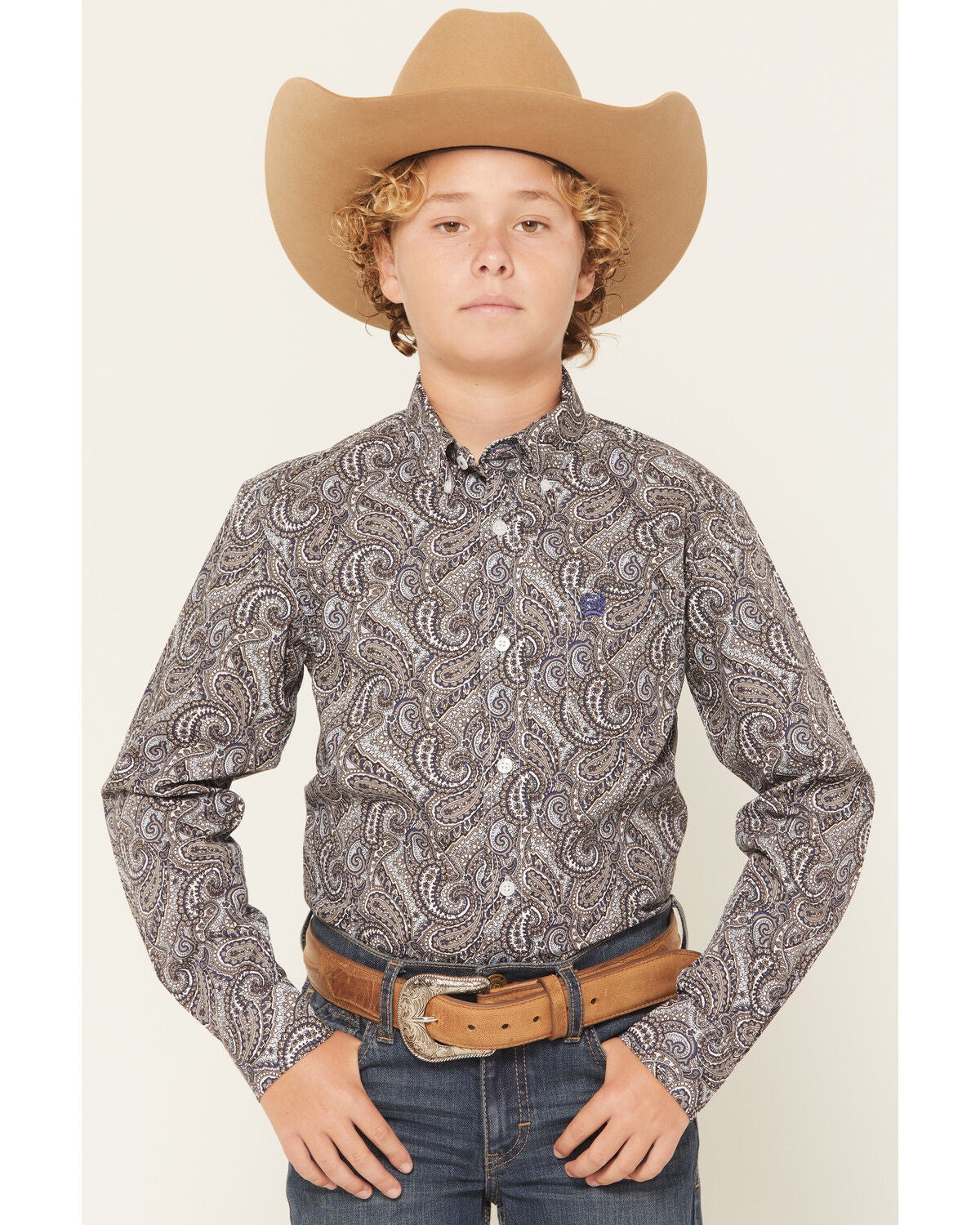 Cinch Boys' Paisley Print Long Sleeve Button-Down Western Shirt, Grey, hi-res