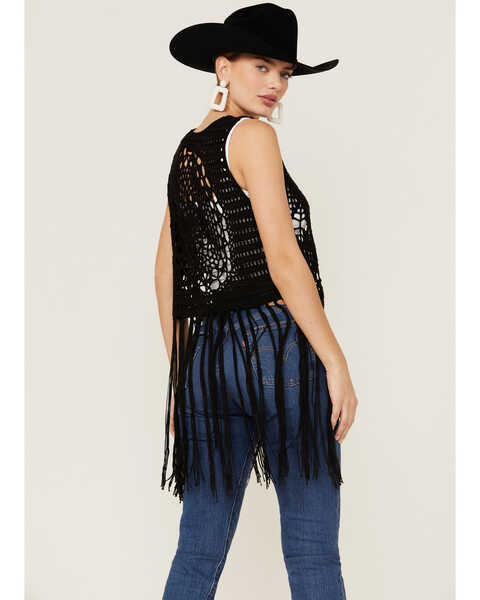 Image #3 - Rock & Roll Denim Women's Black Crochet Long Fringe Vest, , hi-res