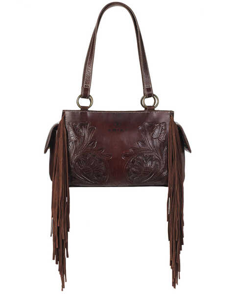 Image #1 - Ariat Women's Victoria Tooled Leather Fringe Concealed Carry Satchel Purse, Brown, hi-res