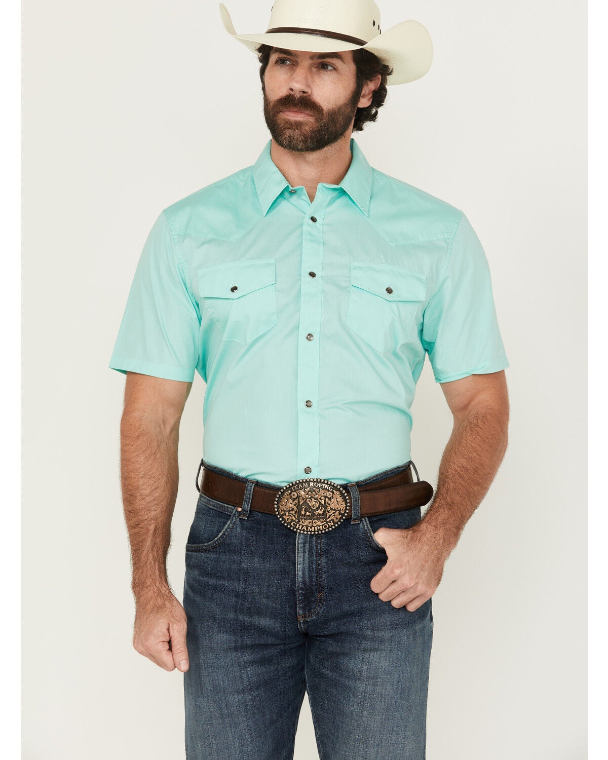 Gibson Trading Co Men's White Water Solid Short Sleeve Snap Stretch Western Shirt, Mint, hi-res