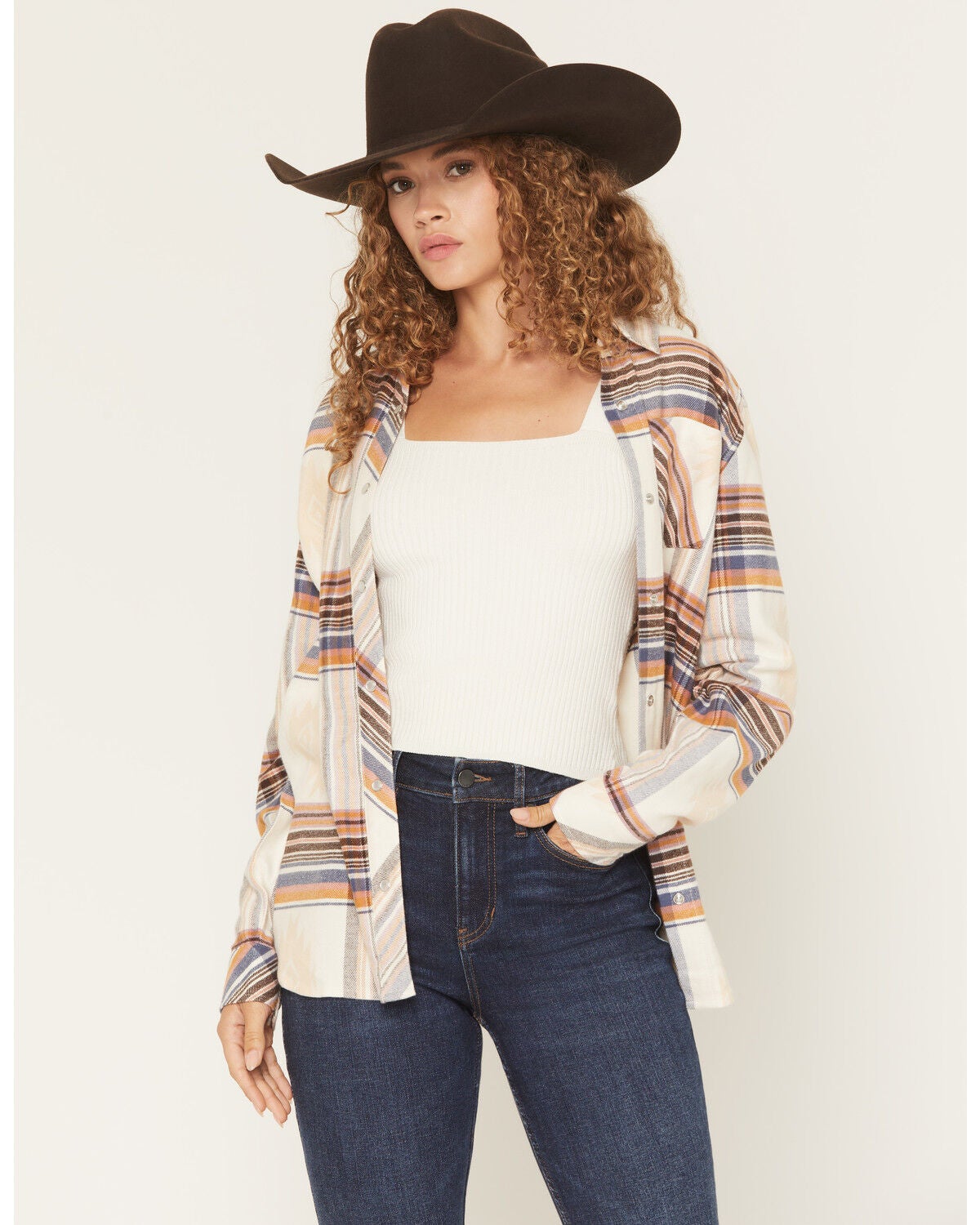 Idyllwind Women's Woodside Southwestern and Plaid Print Long Sleeve Snap Flannel Shirt, Cream, hi-res