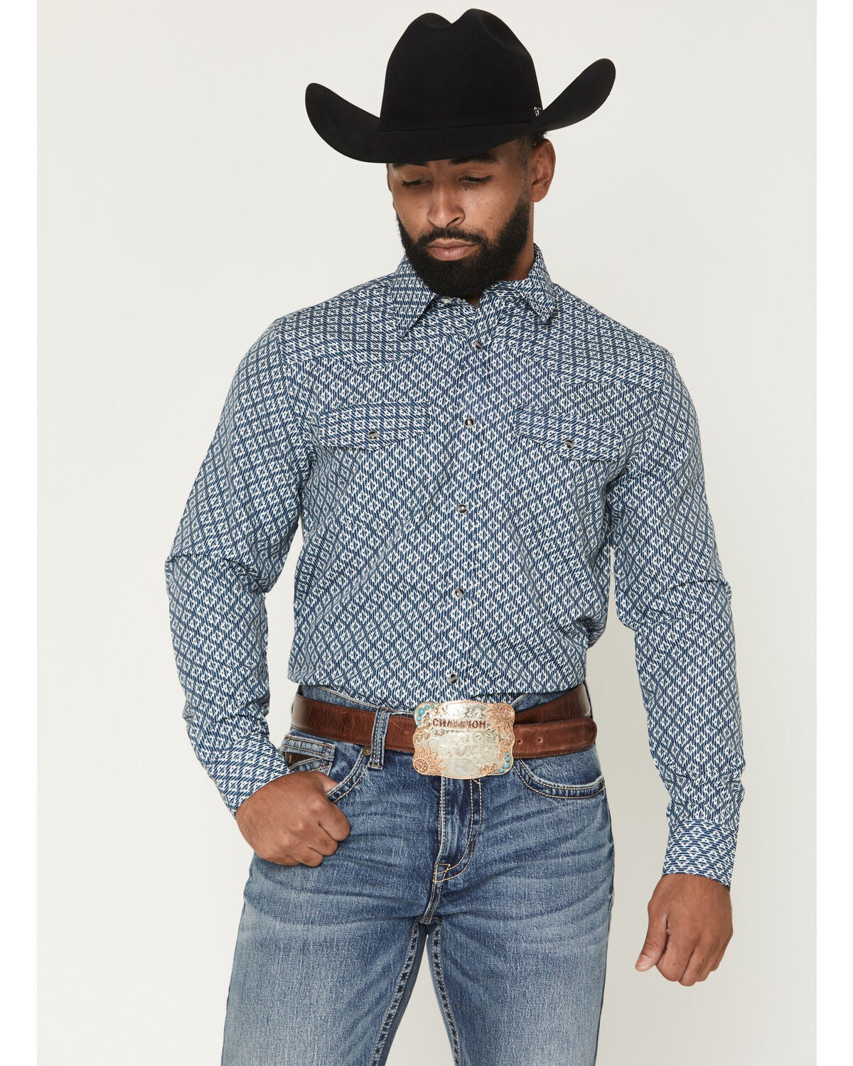 Image #1 - RANK 45&reg; Men's Twisted Geo Print Long Sleeve Snap Performance Western Shirt, Blue, hi-res
