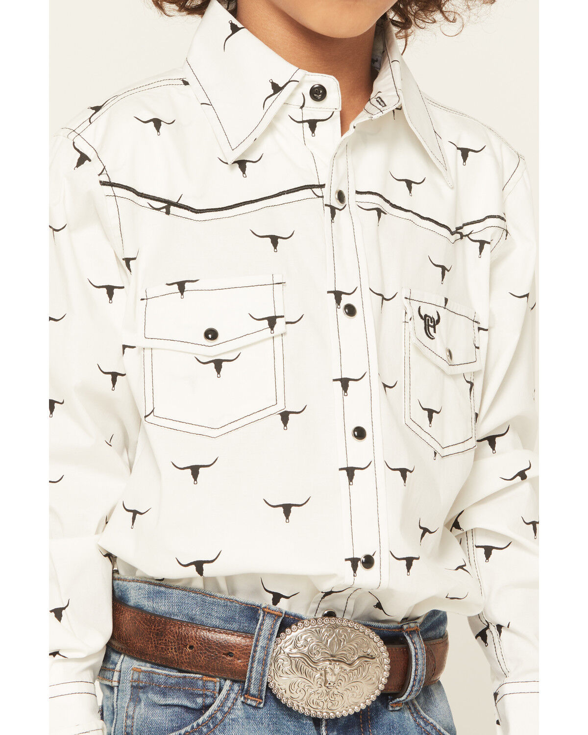 Image #3 - Cowboy Hardware Boys' Skull Scatter Long Sleeve Snap Stretch Western Shirt, White, hi-res