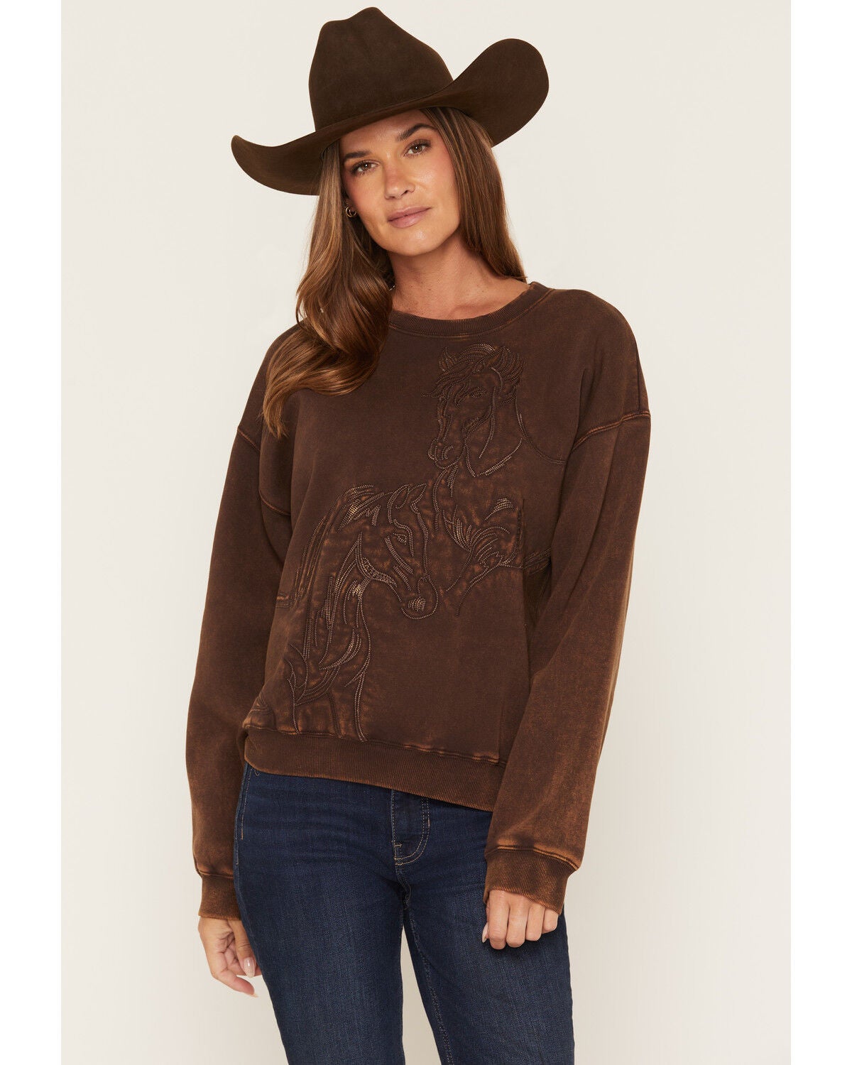 Image #1 - Shyanne Women's Embroidered Horses Crew Neck Sweatshirt, Cognac, hi-res