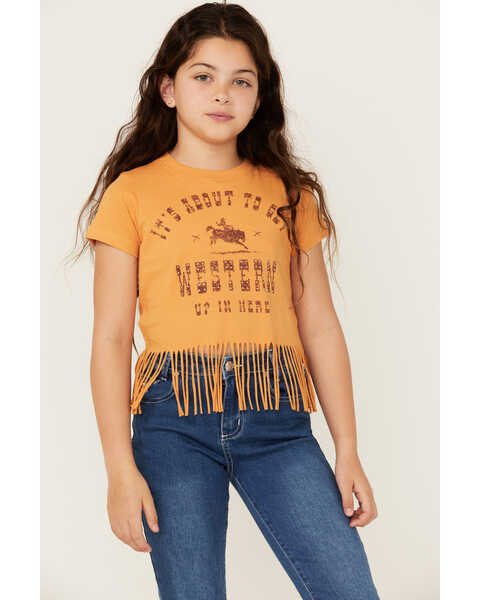 Shyanne Girls' It's About To Get Western Fringe Short Sleeve Graphic Tee , Gold, hi-res