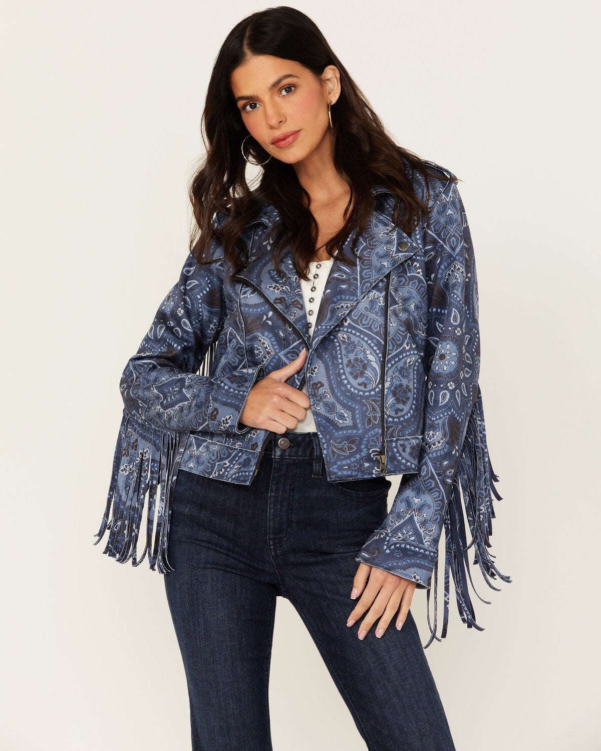 Idyllwind Women's Banbury Printed Faux Suede Moto Jacket, Steel Blue, hi-res