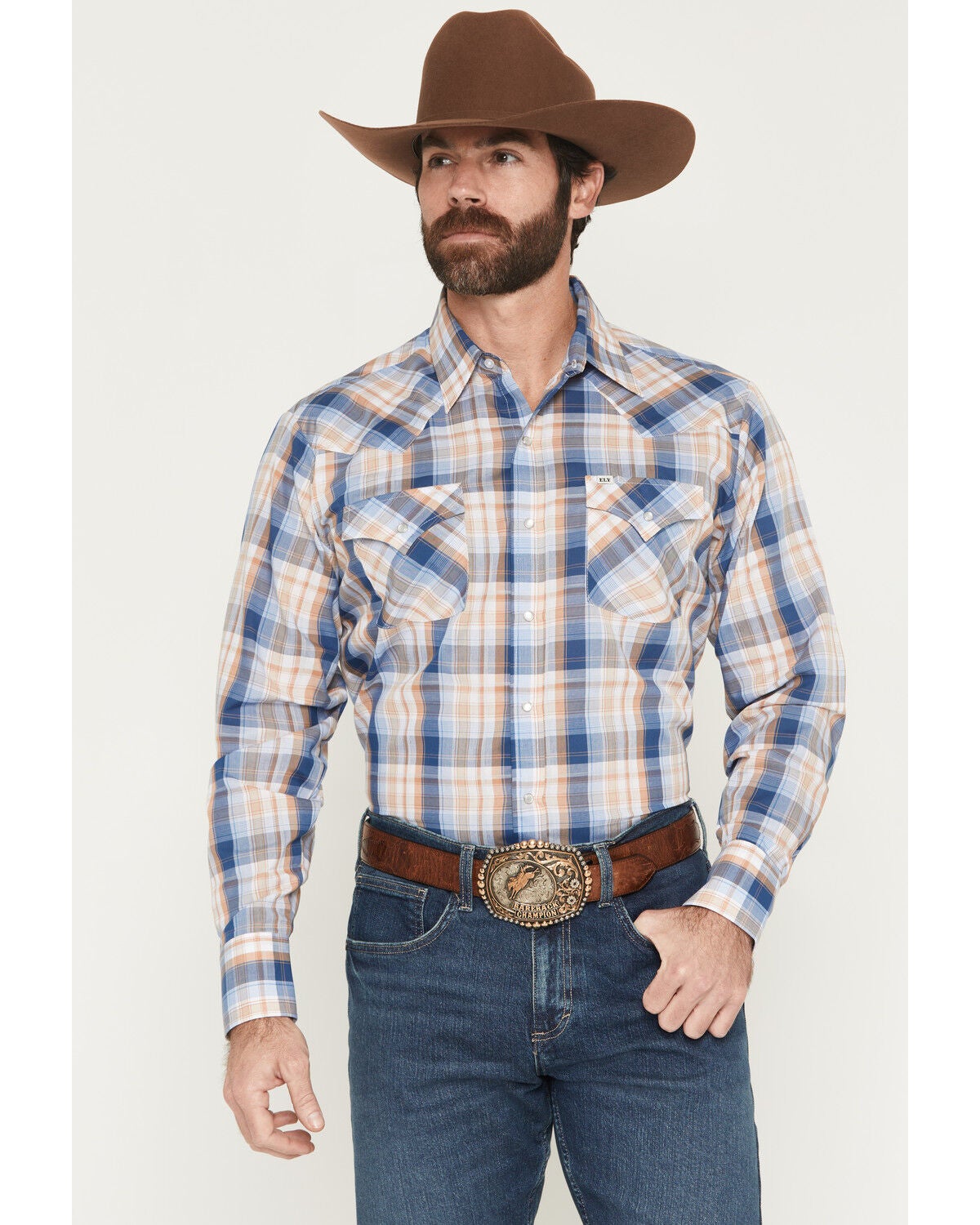 Ely Walker Men's Plaid Print Long Sleeve Pearl Snap Western Shirt, Navy, hi-res