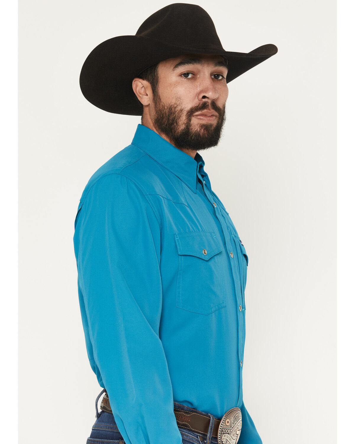 Image #2 - Wrangler Men's Solid Long Sleeve Snap Performance Western Shirt, Teal, hi-res