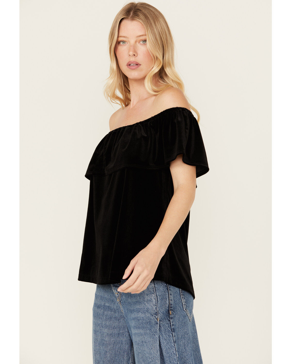 Image #3 - Panhandle Women's Off The Shoulder Short Sleeve Velvet Top, Black, hi-res