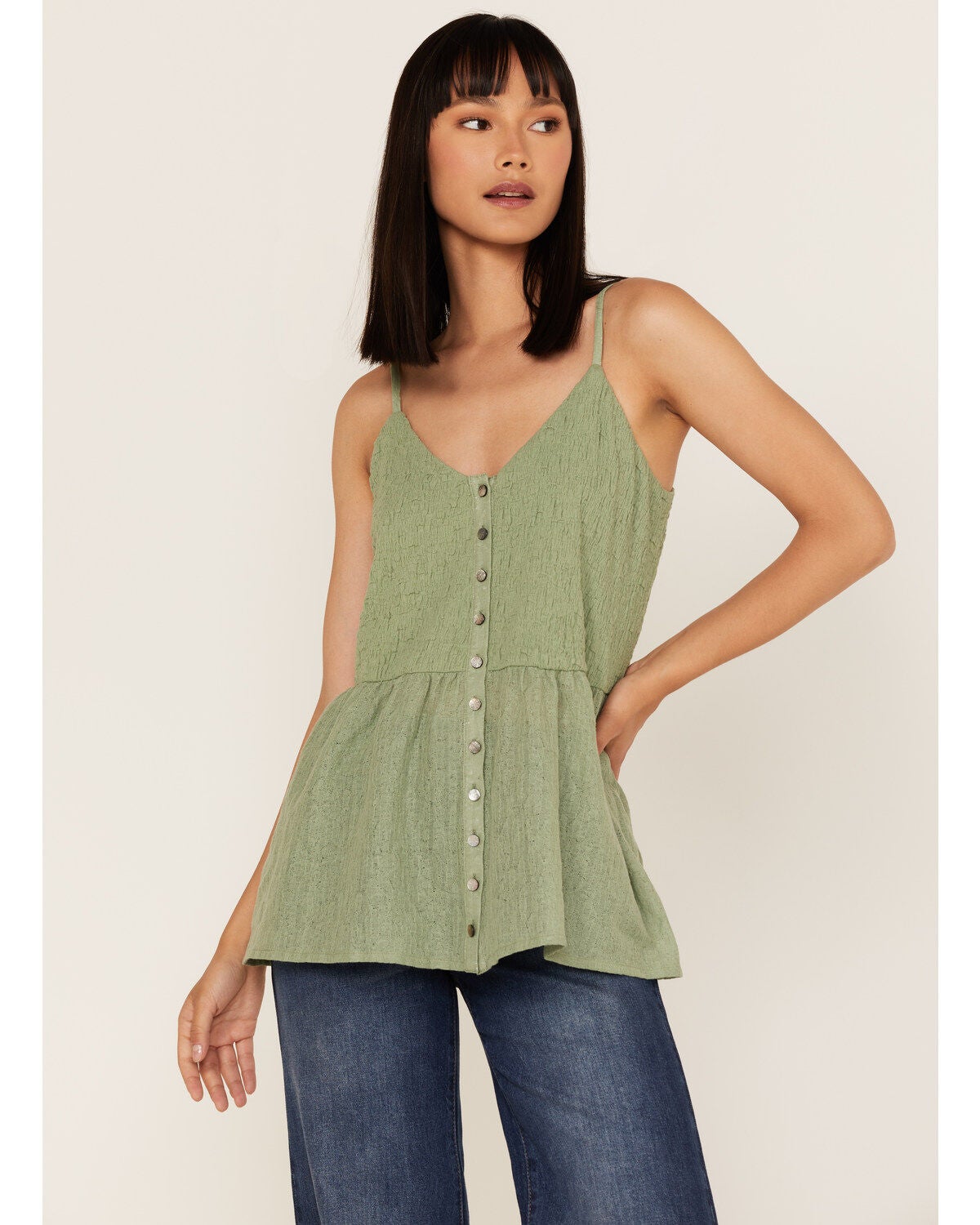 Cleo + Wolf Women's Smocked Button Front Woven Tank Top, Loden, hi-res