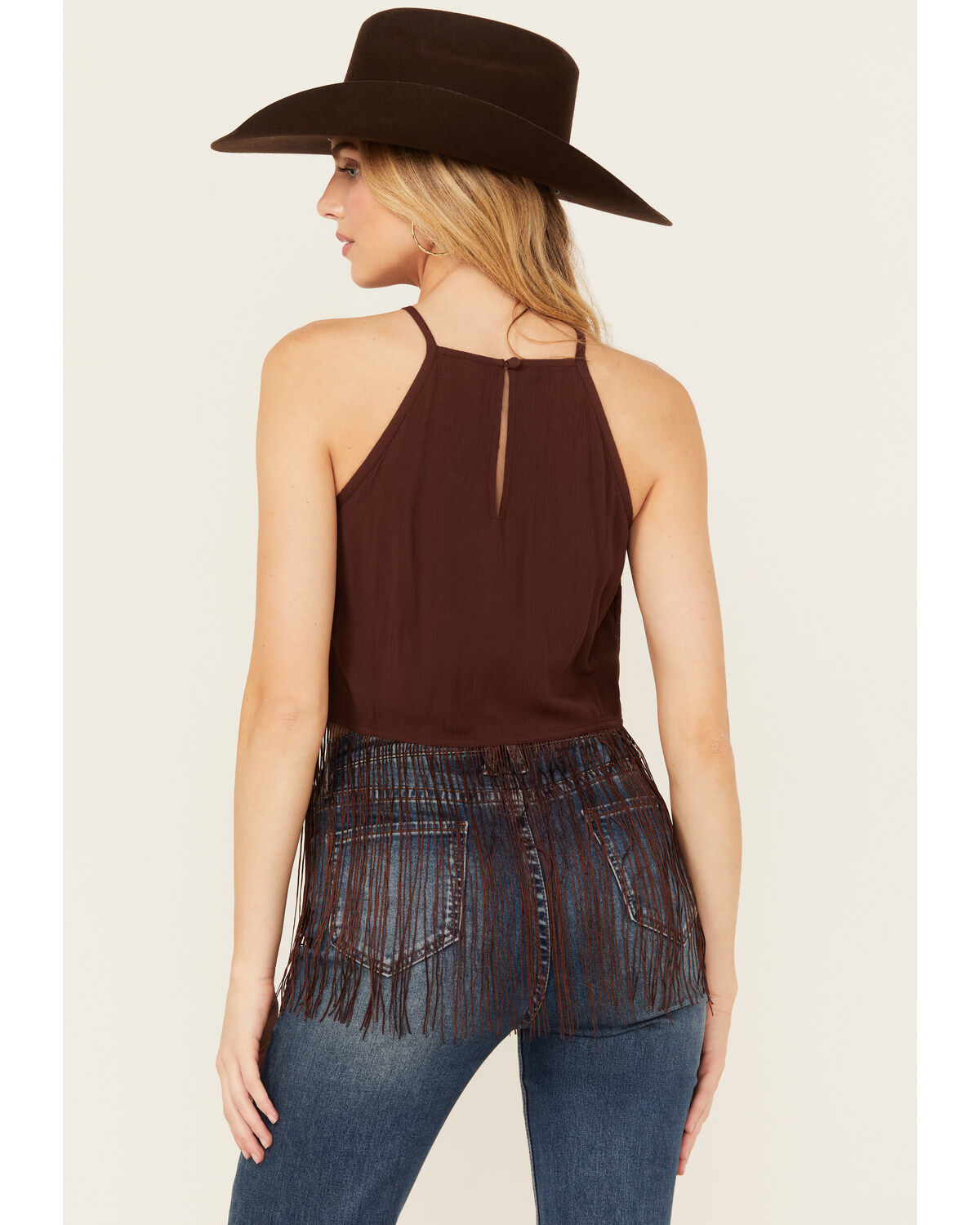 Image #4 - Shyanne Women's Embroidered Fringe Hem Crinkle Top, Dark Brown, hi-res