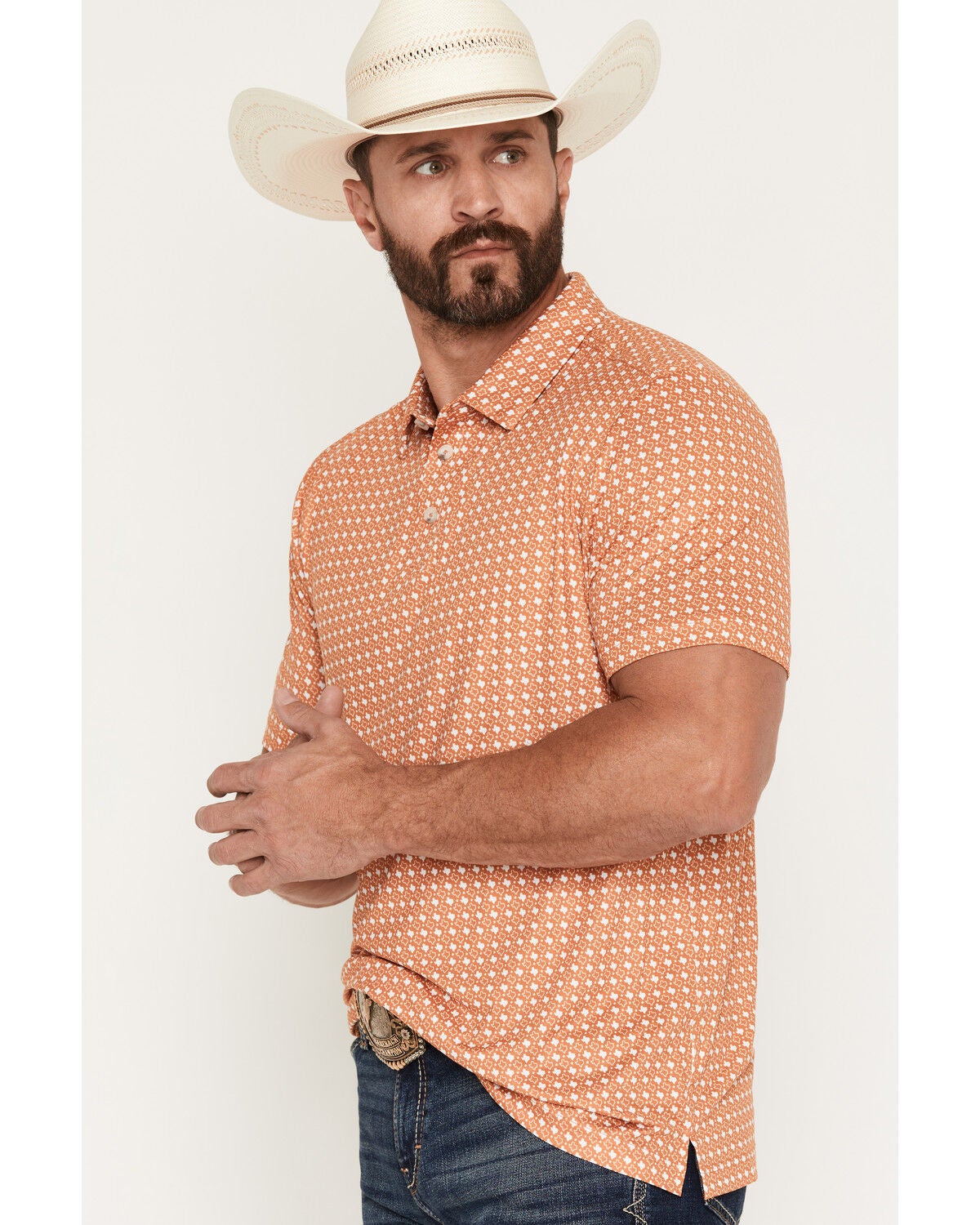 Image #2 - Burlebo Men's Texas Short Sleeve Button-Down Performance Polo Shirt, Orange, hi-res