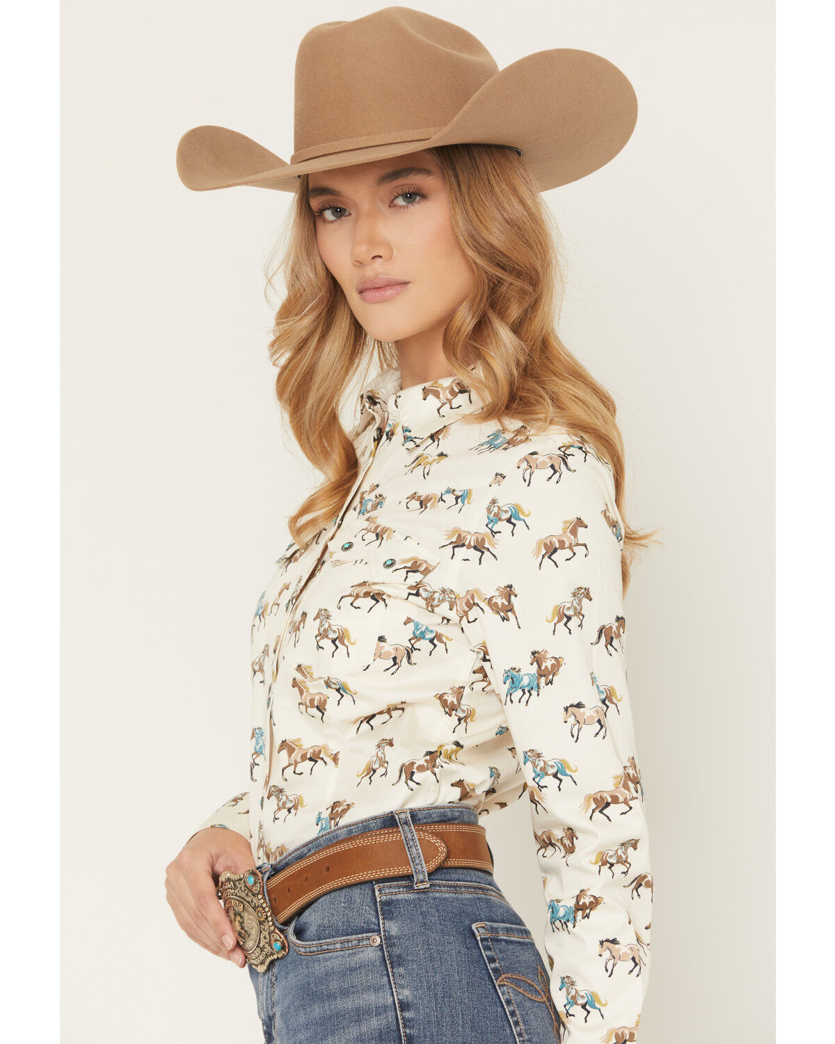 Image #2 - Shyanne Women's Horse Print Long Sleeve Snap Stretch Western Shirt, Cream, hi-res