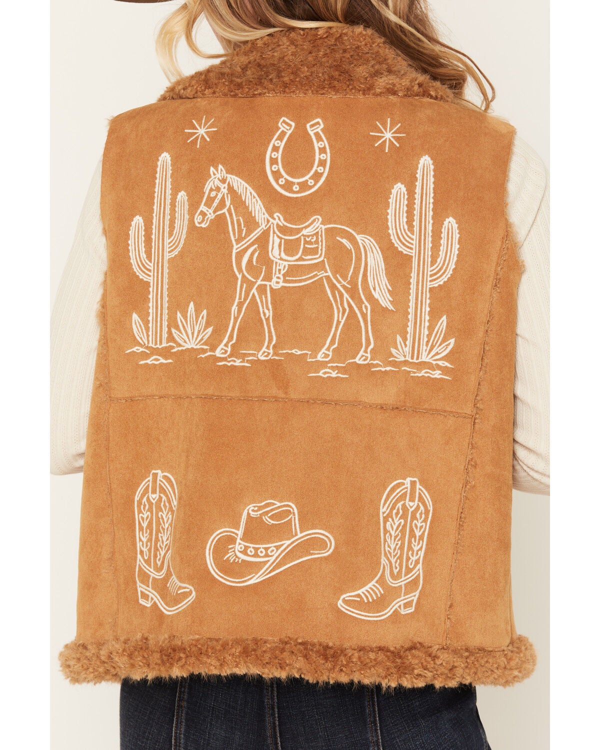 Image #4 - Blue B Women's Embroidered Faux Fur Vest, Camel, hi-res