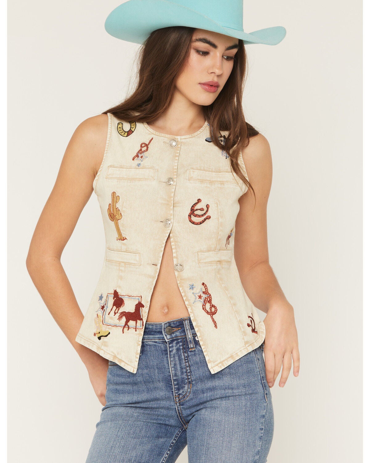 Blue B Women's Western Embroidered Sleeve Button-Down Shirt, Sand, hi-res