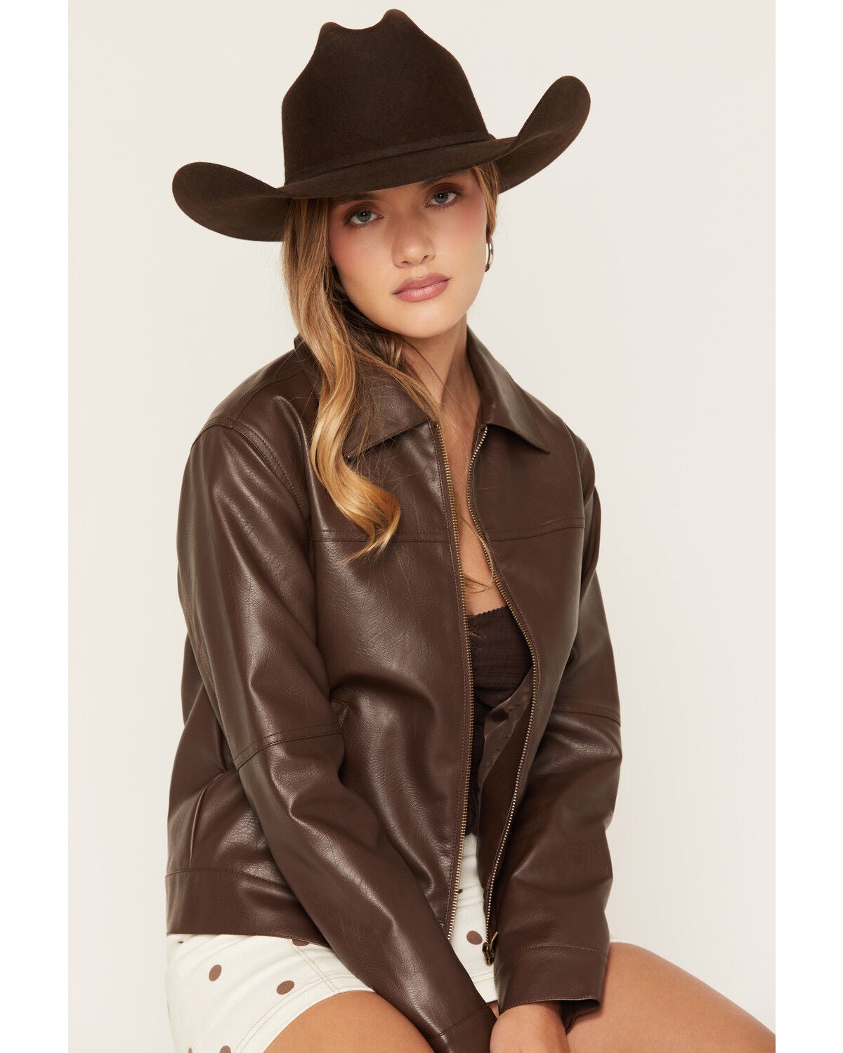 Image #1 - Stoosh Women's Faux Leather Zip Front Jacket, Brown, hi-res