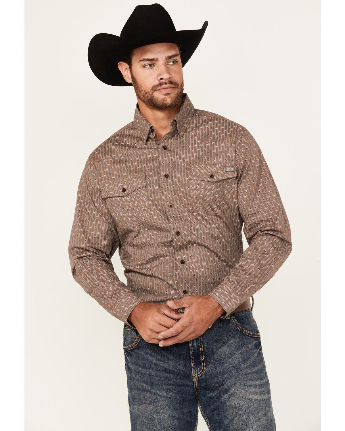 Justin Men's Boot Barn Exclusive Geo Striped Print Long Sleeve Button-Down Stretch Western Shirt, Grey, hi-res