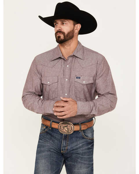 Wrangler Men's Chambray Long Sleeve Snap Western Work Shirt, Burgundy, hi-res