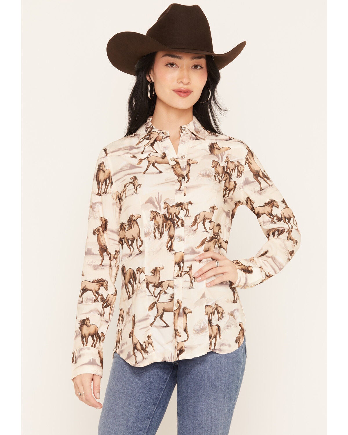 Lovlei Ranch Women's Cheyenne Wild and Free Horse Print Long Sleeve Pearl Snap Western Shirt, Ivory, hi-res
