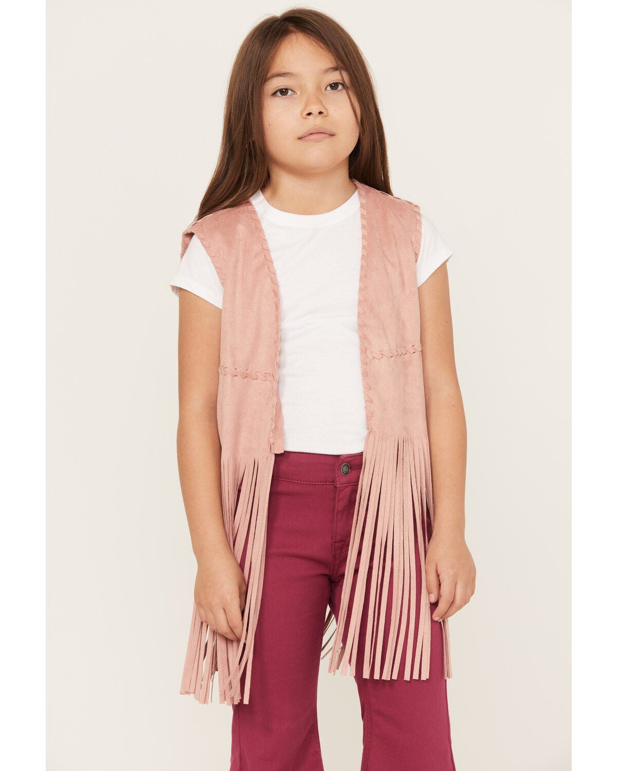 Fornia Girls' Fringe Faux Suede Vest, Pink, hi-res