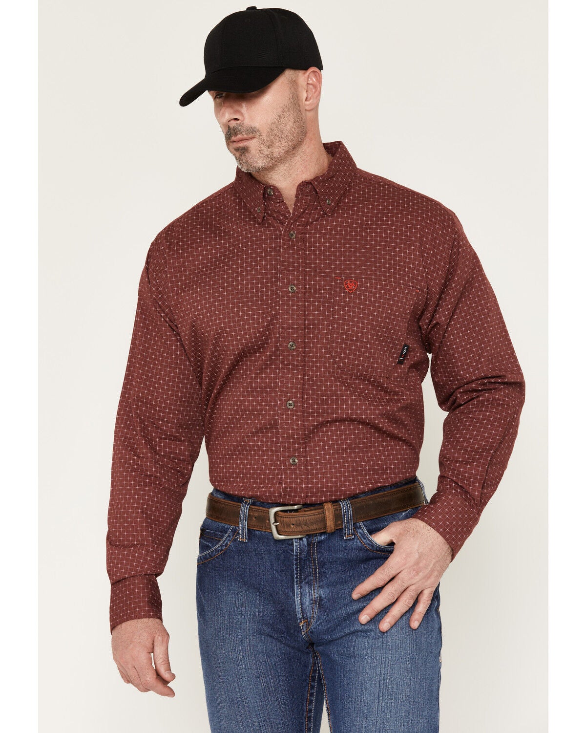 Ariat Men's FR Logan Geo Print Long Sleeve Button-Down Work Shirt, Burgundy, hi-res