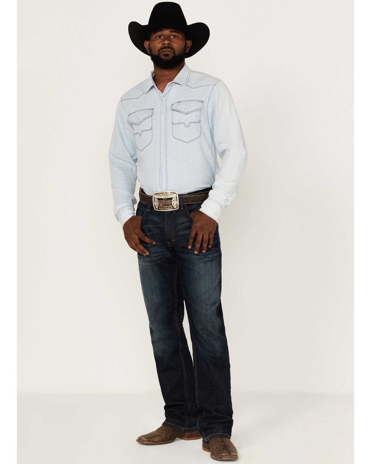 Image #2 - Kimes Ranch Men's Grimes Light Wash Denim Long Sleeve Snap Western Shirt, Light Blue, hi-res