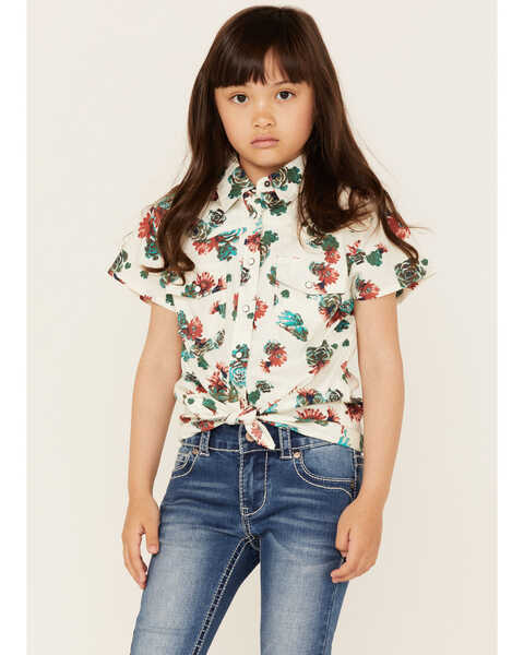 Shyanne Girl's Floral Print Short Sleeve Tie Front Western Snap Shirt, Ivory, hi-res
