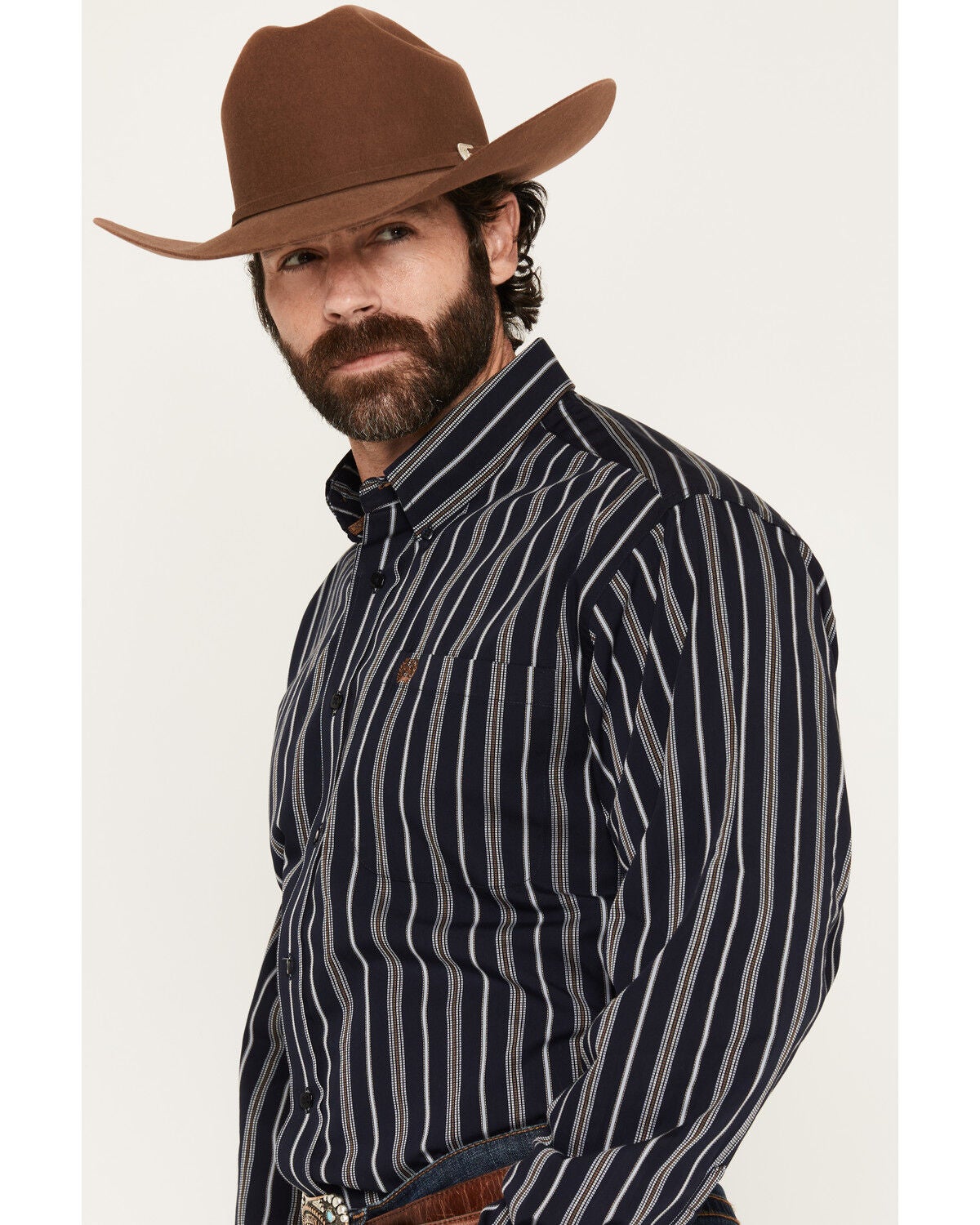 Image #2 - Cinch Men's Dobby Striped Print Long Sleeve Button-Down Western Shirt, Navy, hi-res