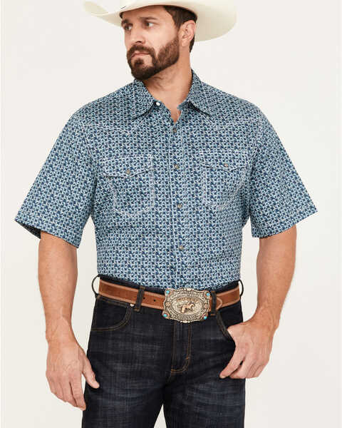 Wrangler 20X Men's Advanced Comfort Geo Print Short Sleeve Snap Western Shirt, Dark Blue, hi-res