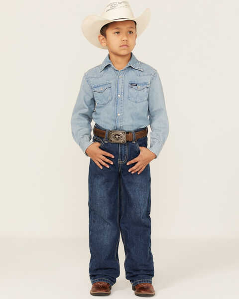 Cowboy Hardware Boys' Medium Wash Mid Rise Steer Head Straight Jeans, Blue, hi-res