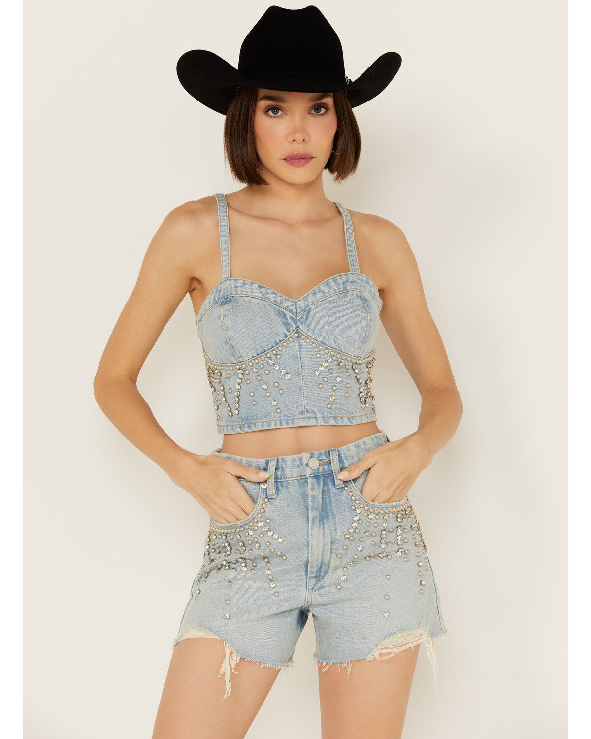 Image #2 - Blank NYC Women's Light Wash Starstruck Embellished Denim Crop Top, Blue, hi-res