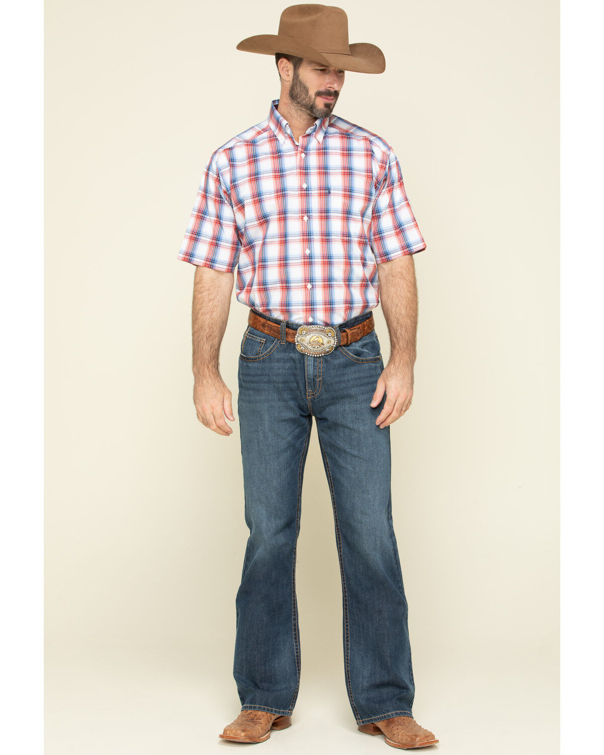 Image #6 - Tuf Cooper Men's Red Competition Stretch Plaid Short Sleeve Western Shirt, , hi-res