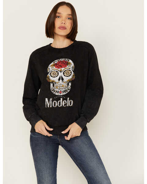 Image #1 - Changes Women's Modelo Day Of The Dead Crewneck Sweatshirt , Black, hi-res