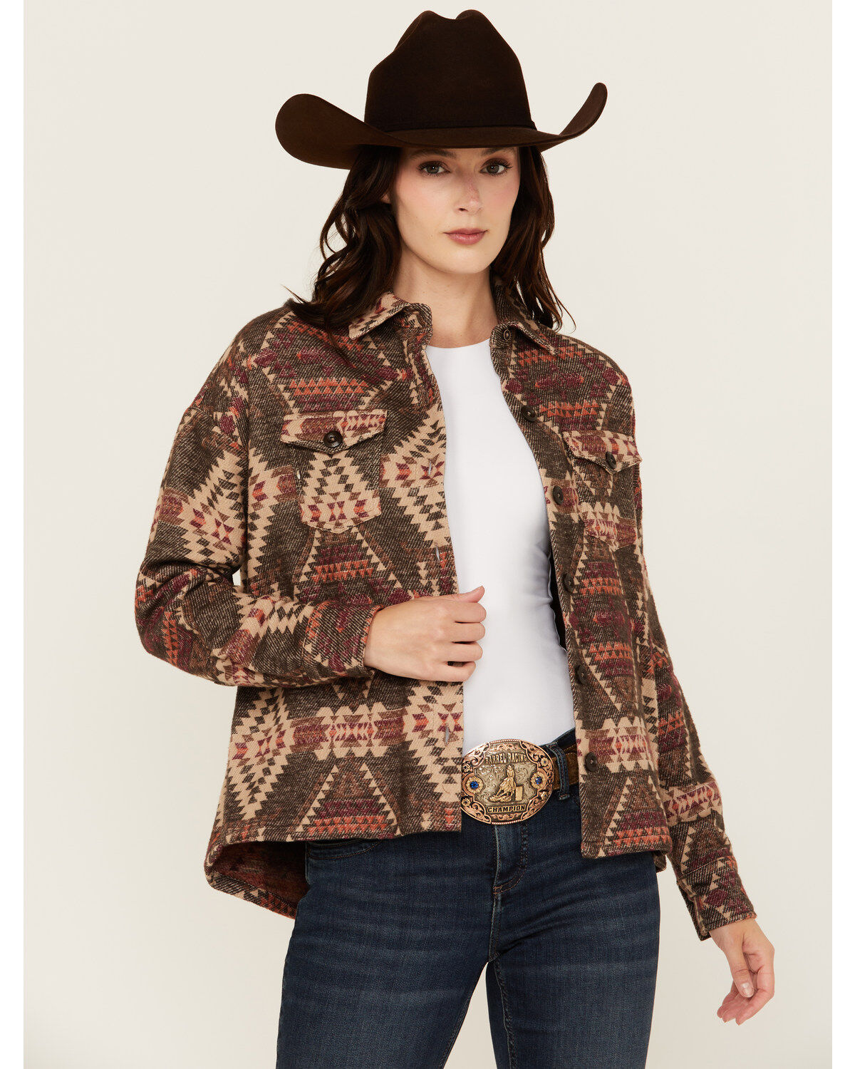 Image #1 - Rock & Roll Denim Women's Southwestern Print Shacket, Brown, hi-res