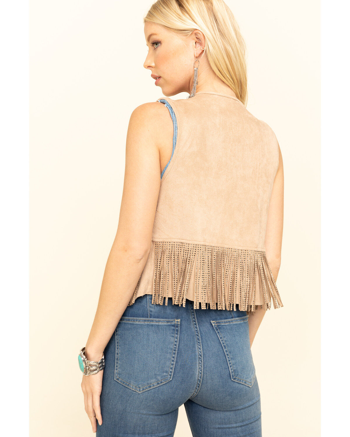 Image #2 - Vocal Women's Studded Fringe Suede Vest, Stone, hi-res